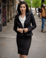 Дамски костюм от Късо болеро без ревери и класическа права пола