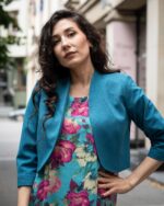 Комбинация от късо болеро със 7/8-ми ръкав и свободна рокля с презрамки и клоширан силует - Image 4