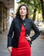 Комбинация от късо палто с декоративен колан на гърба и рокля с джобове и трапецовиден силует - Image 2