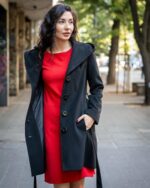 Комбинация от вталено дамско палто с качулка и подвижен колан и рокля с джобове и трапецовиден силует - Image 2