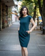 Ретро рокля с джобове и малка поло яка, с трапецовиден силует - Image 5