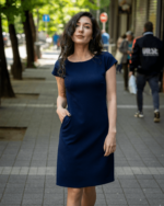 Рокля с джобове и трапецовиден силует от трико с щампа - Image 3