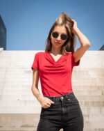 Трикотажна дамска блуза с къс ръкав и „гръцко” деколте - Image 7