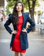 Вталено дамско палто с качулка и подвижен колан - Image 12
