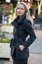 Черно дамско палто с голяма яка и колан - Image 8