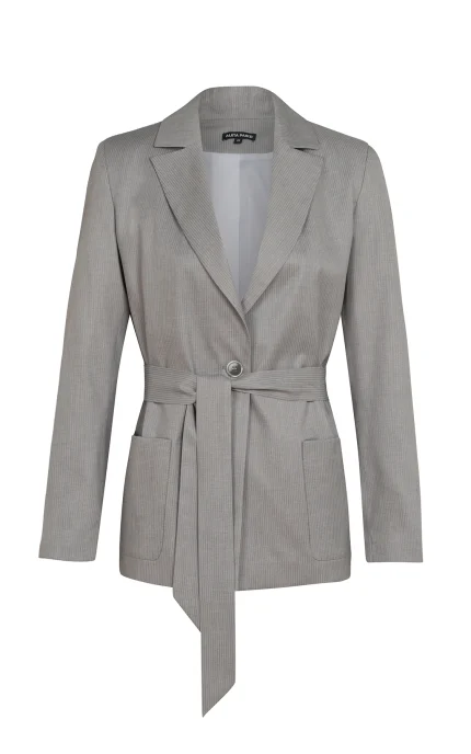 Дамско сако с колан 125-1 сиво райе pinstripe – преден изглед | Aleta Parizi