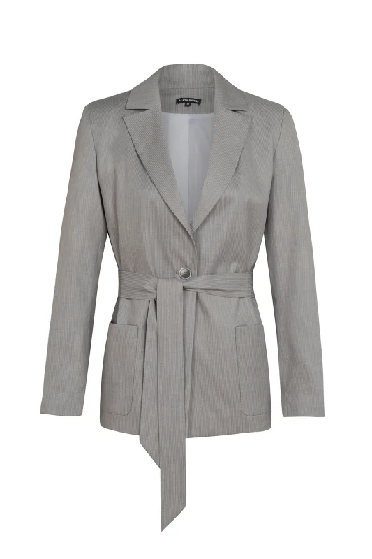Дамско сако с колан 125-1 сиво райе pinstripe – преден изглед | Aleta Parizi