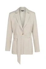 Дамско сако с колан 125-2 бежово райе pinstripe – преден изглед | Aleta Parizi