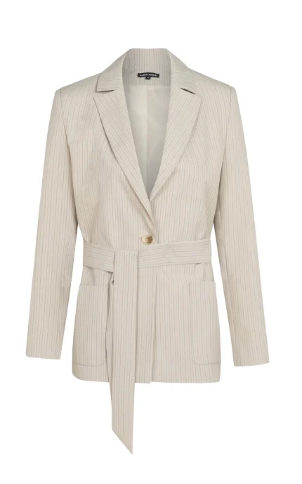 Дамско сако с колан 125-2 бежово райе pinstripe – преден изглед | Aleta Parizi