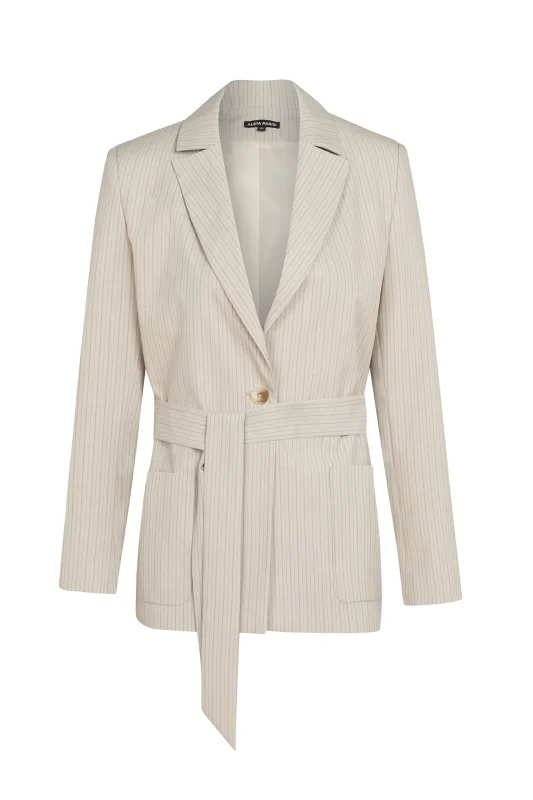 Дамско сако с колан 125-2 бежово райе pinstripe – преден изглед | Aleta Parizi