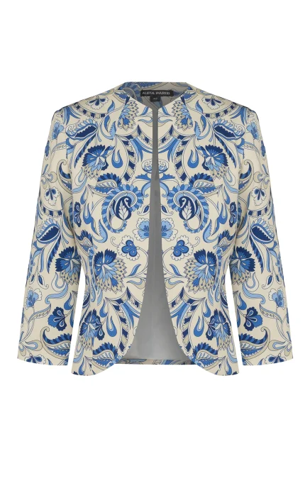 Дамско болеро модел 131-5 флорален пейсли принт бежово-кобалт – преден изглед | Aleta Parizi