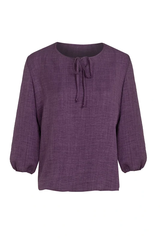 Дамска блуза 445-7 тъмно лилаво с деколте връзка – преден изглед | Aleta Parizi