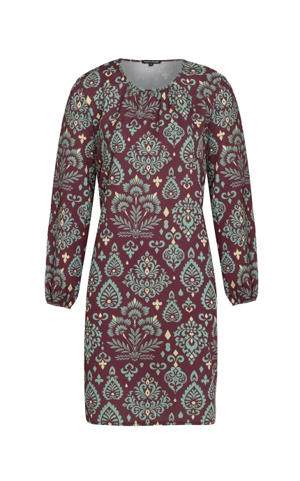 Дамска рокля 5007-2 бордо с барок принт мента и жълто – преден изглед | Aleta Parizi