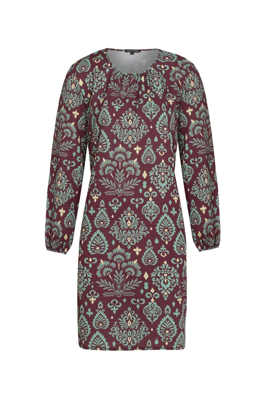 Дамска рокля 5007-2 бордо с барок принт мента и жълто – преден изглед | Aleta Parizi