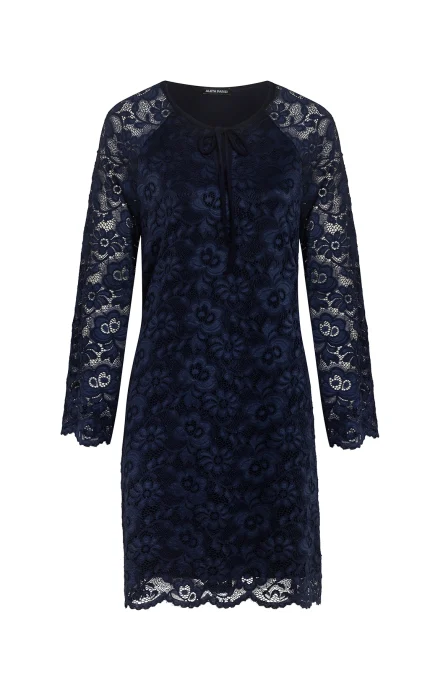 Дамска тъмносиня рокля с флорална дантела 5026-2 – преден изглед | Aleta Parizi