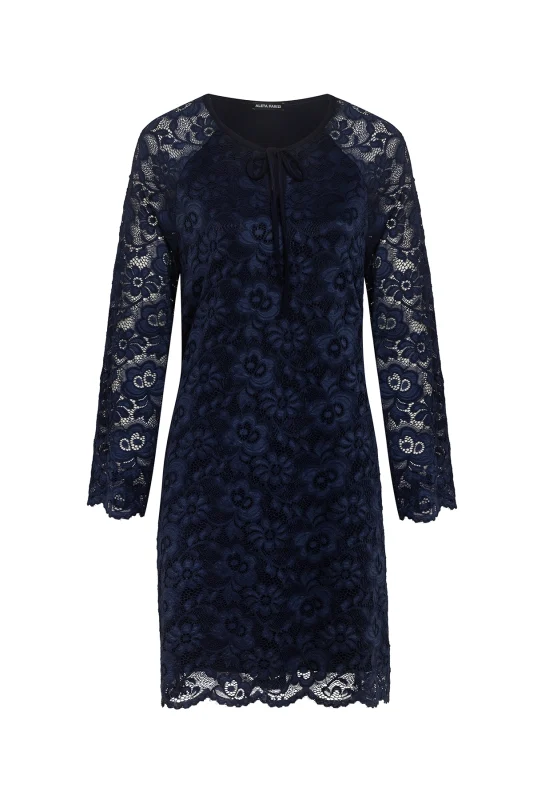 Дамска тъмносиня рокля с флорална дантела 5026-2 – преден изглед | Aleta Parizi
