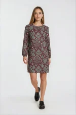 Дамска рокля 5007-2 бордо с барок принт мента и жълто – преден изглед | Aleta Parizi